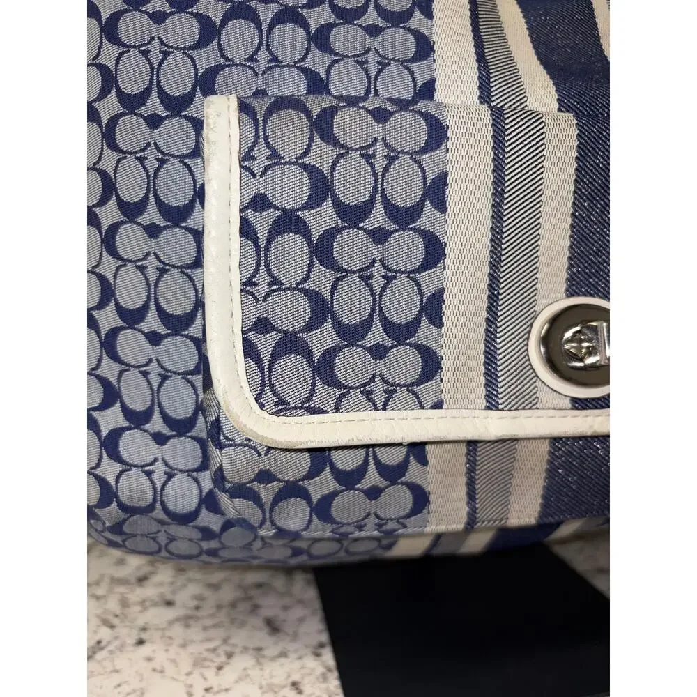 Coach Courtenay Hobo Blue Signature Stripe White Leather Tassel A1393